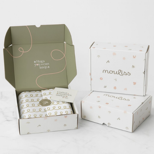 personalized baby shower gift set with custom blanket and baby shoes by Mouliss
