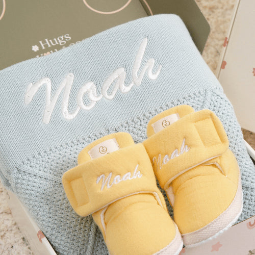 useful gifts for newborn baby boy personalized blanket shoes navy Mouliss