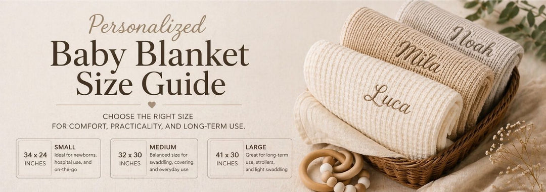Personalized baby blanket size guide showing different blanket sizes
