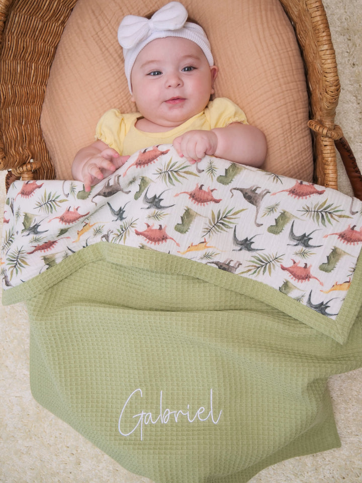 
Mouliss baby in basket with personalized sage green waffle baby blanket, dinosaur muslin, embroidered name