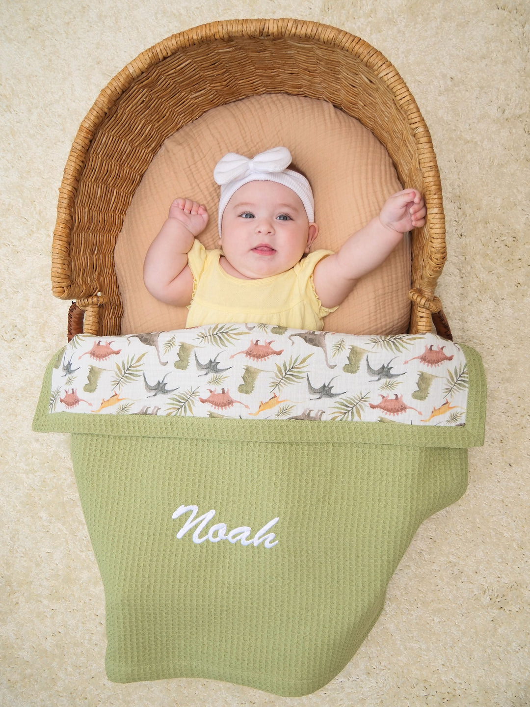 Mouliss baby in basket wrapped in personalized green waffle baby blanket, dino muslin, embroidered name