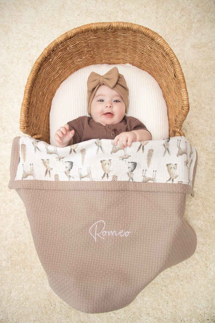 Mouliss personalized taupe waffle baby blanket with woodland animal muslin and embroidered name detail