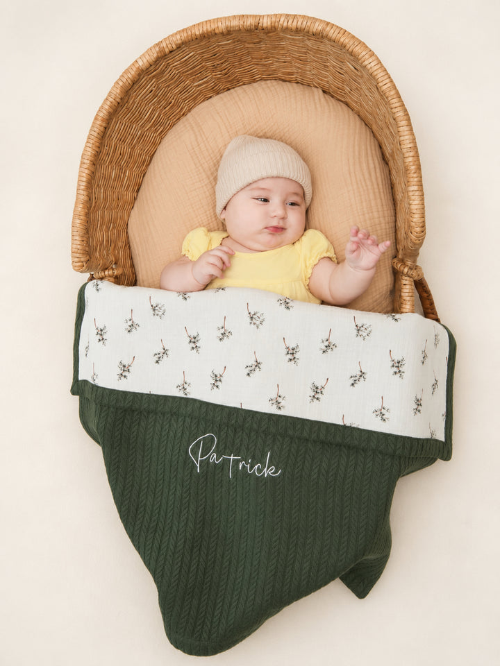Mouliss personalized green cable knit baby blanket with botanical floral muslin and embroidered name