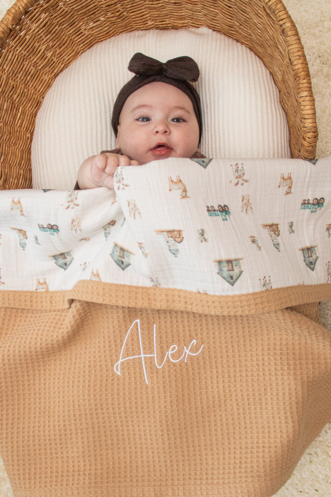 Mouliss personalized caramel waffle baby blanket with farm animal muslin and embroidered name detail