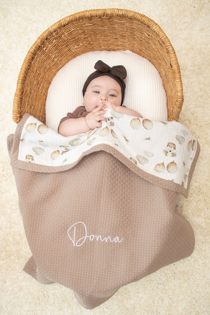 Mouliss baby in basket with personalized taupe waffle baby blanket, woodland muslin, embroidered name