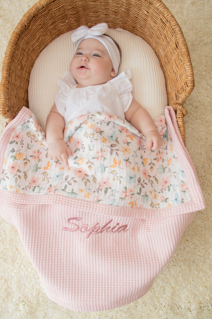 Mouliss personalized pink waffle baby blanket with floral muslin and embroidered name detail