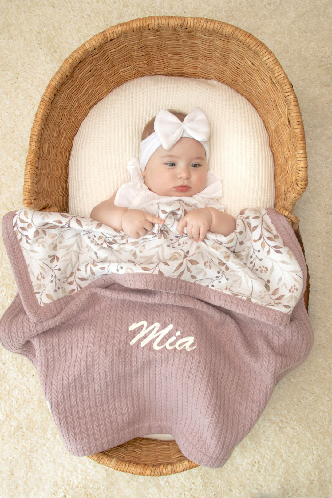 Mouliss personalized mauve waffle baby blanket with leaf muslin and embroidered name detail