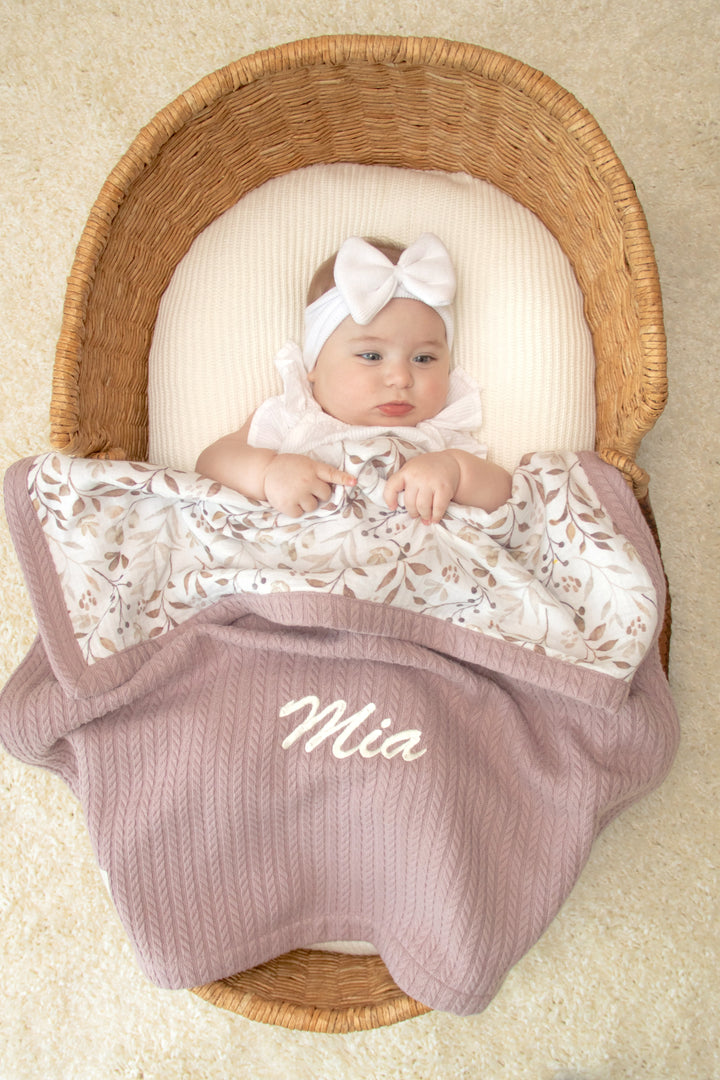 Mouliss personalized mauve waffle baby blanket with leaf muslin and embroidered name detail