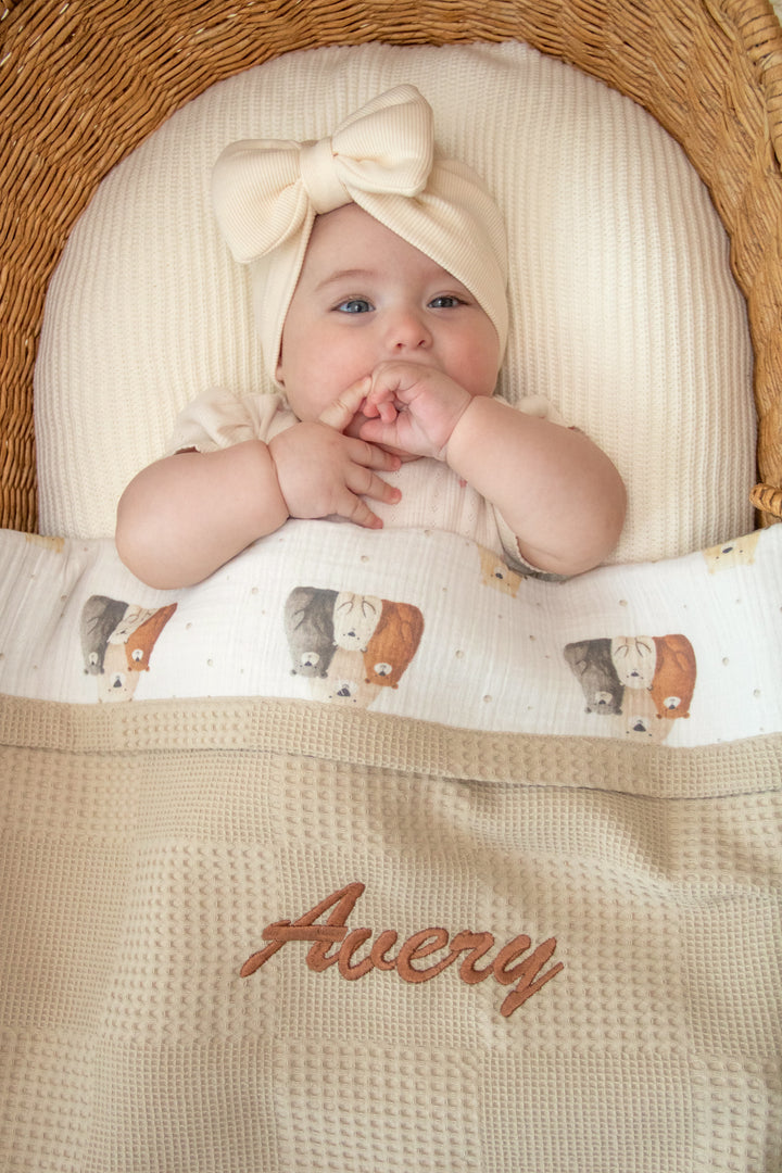 Mouliss personalized beige waffle baby blanket with bear muslin and embroidered name detail