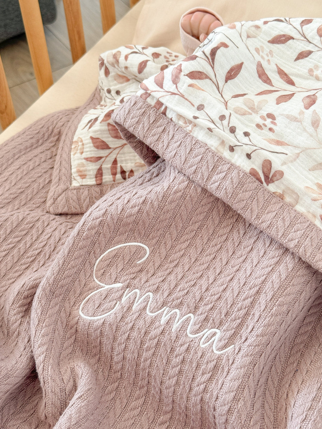 Personalized baby blanket by Cotton in dusty rose cable knit with &