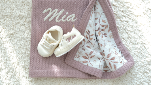 Personalized Baby Gift Set Waffle Blanket & Muslin Baby Shoes Handmade Soft Sole – Rose