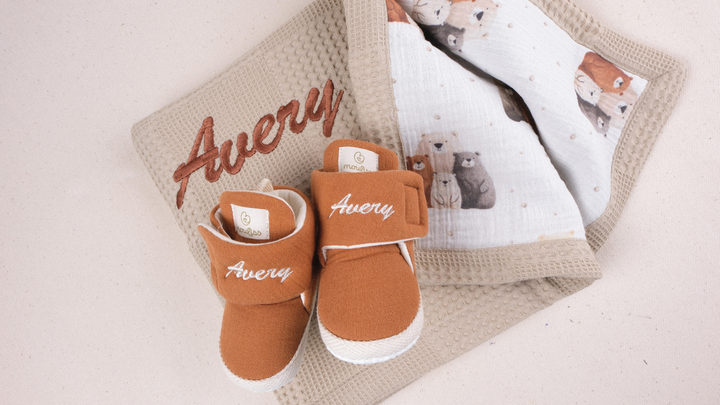 Mouliss Brown personalized baby gift set — styling photo 1