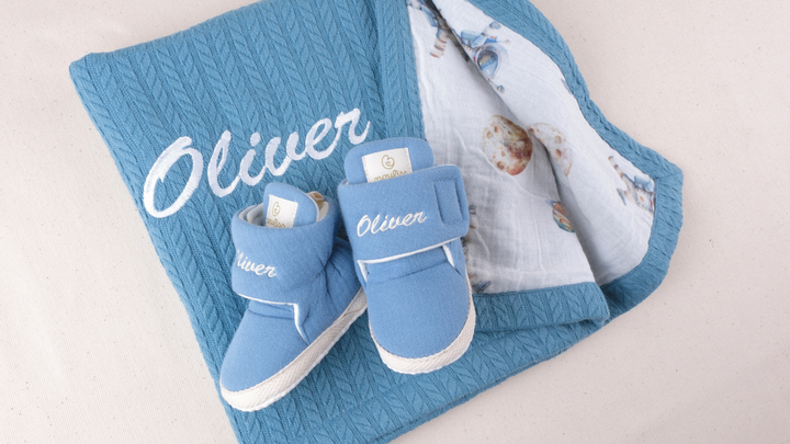 Mouliss Blue personalized baby gift set — styling photo 2