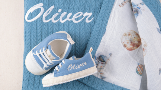 Personalized Baby Gift Set Waffle Blanket & Muslin Baby Shoes Handmade Soft Sole – Blue