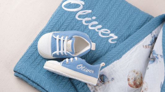Personalized Baby Gift Set Waffle Blanket & Muslin Baby Shoes Handmade Soft Sole – Blue