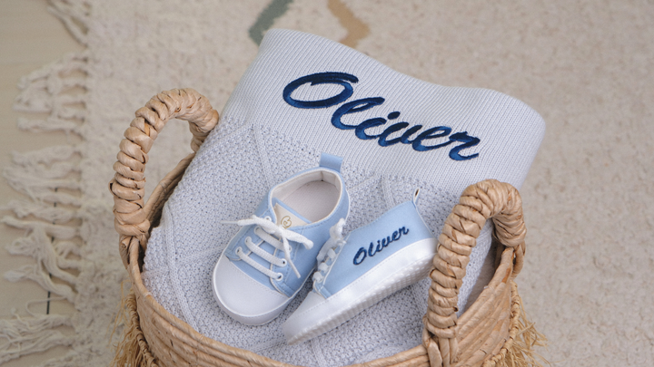 Mouliss Blue personalized baby gift set — styling photo 1