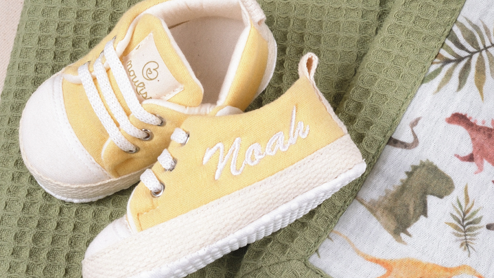 Mouliss Yellow muslin personalized baby shoes — styling photo 6