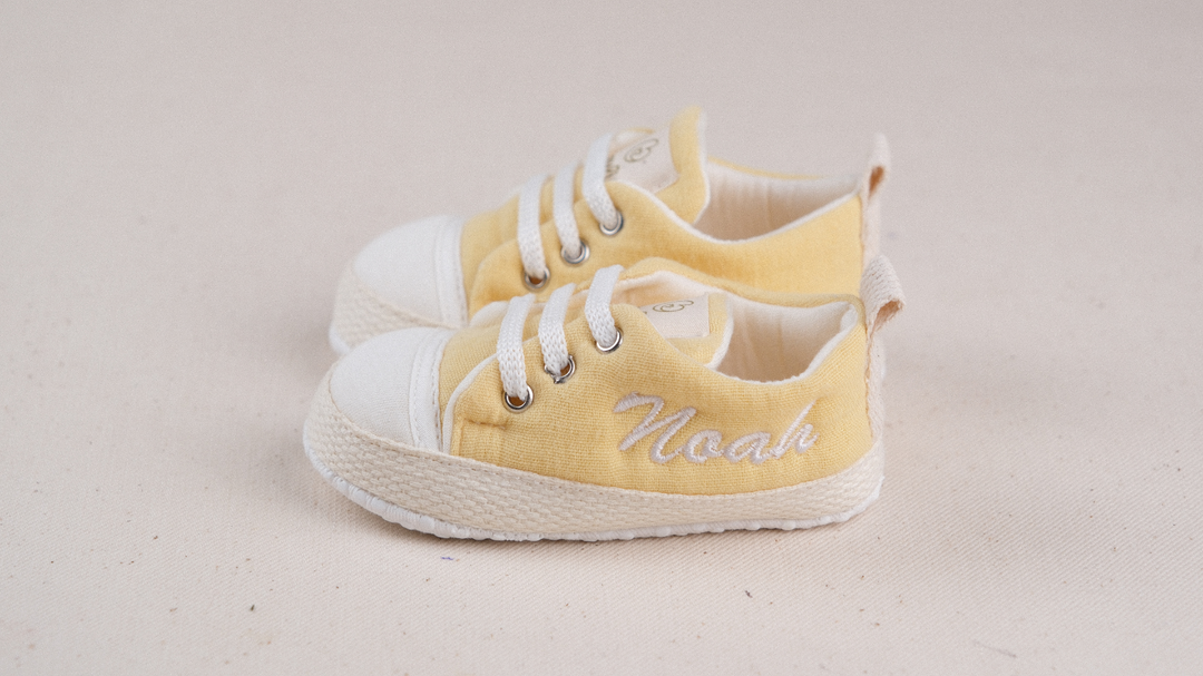 Mouliss Yellow muslin personalized baby shoes — styling photo 2