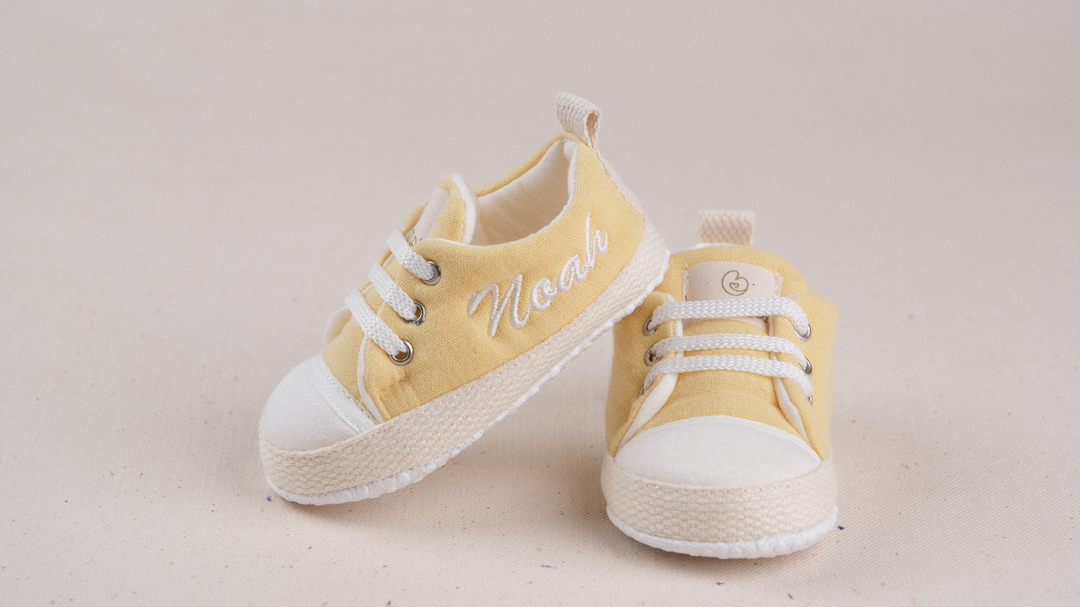Mouliss Yellow muslin personalized baby shoes — styling photo 1
