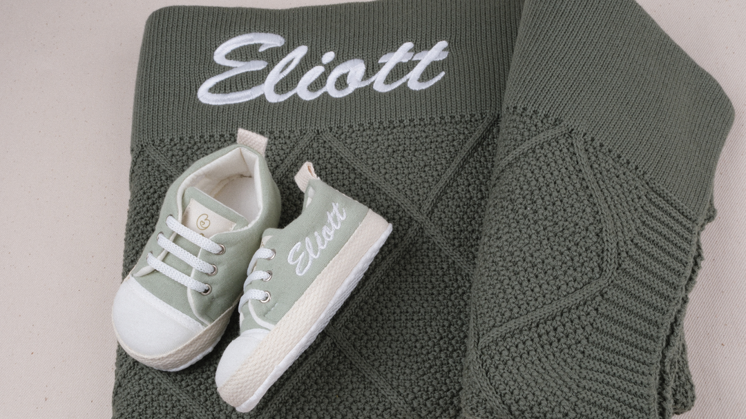 Mouliss Sage Green muslin personalized baby shoes — styling photo 6