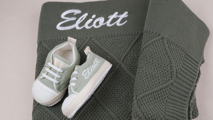 Mouliss Sage Green muslin personalized baby shoes — styling photo 6