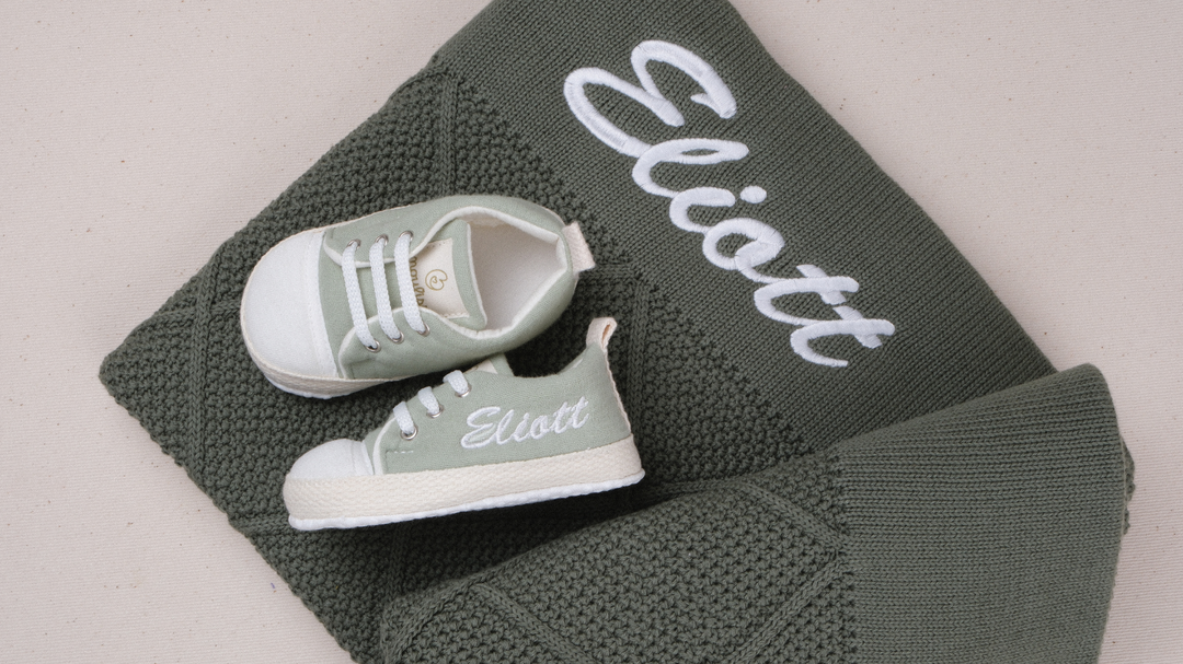 Mouliss Sage Green muslin personalized baby shoes — styling photo 5