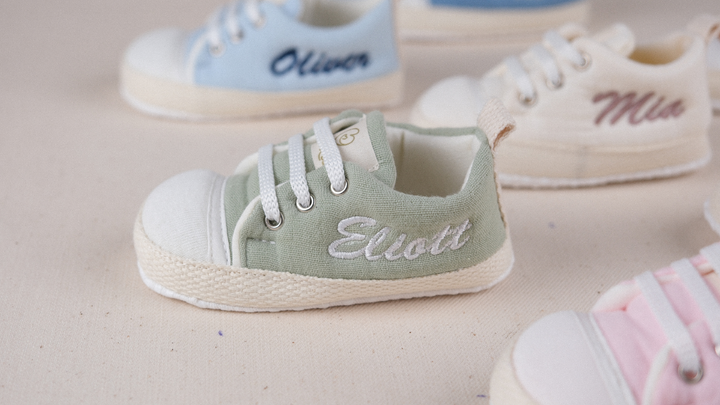Mouliss Sage Green muslin personalized baby shoes — styling photo 3