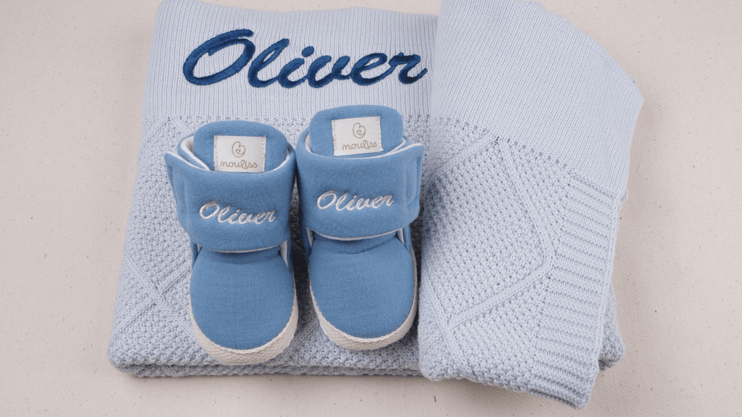 Mouliss Denim Blue muslin personalized baby booties — styling photo 5