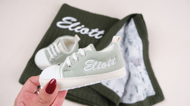 Mouliss Sage Green muslin personalized baby shoes — styling photo 4
