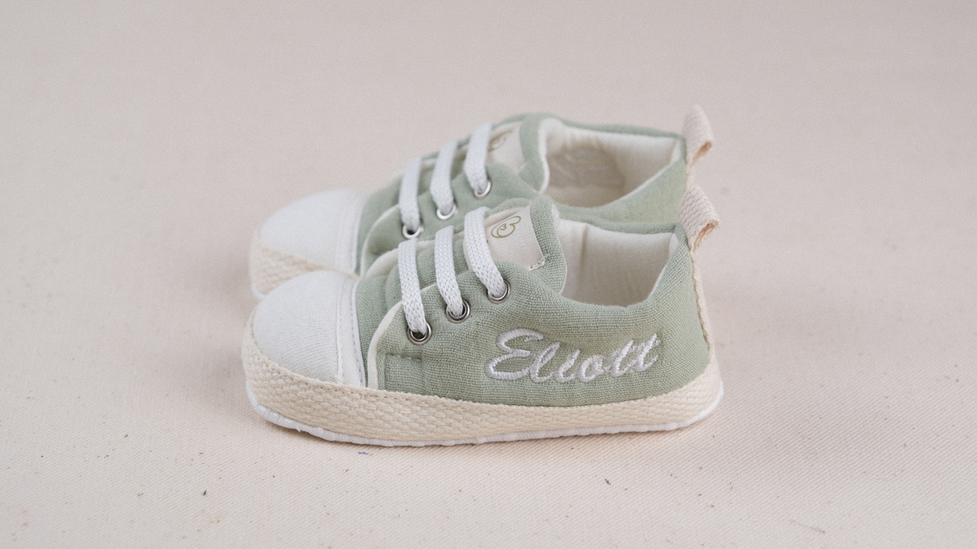 Mouliss Sage Green muslin personalized baby shoes — styling photo 2