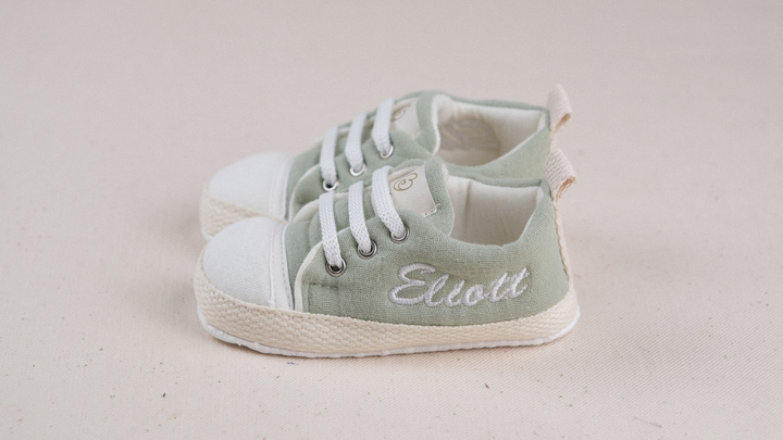 Mouliss Sage Green muslin personalized baby shoes — styling photo 2