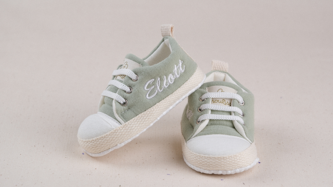 Mouliss Sage Green muslin personalized baby shoes — styling photo 1