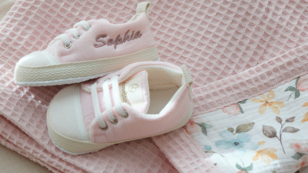 Mouliss Blush Pink muslin personalized baby shoes — styling photo 4