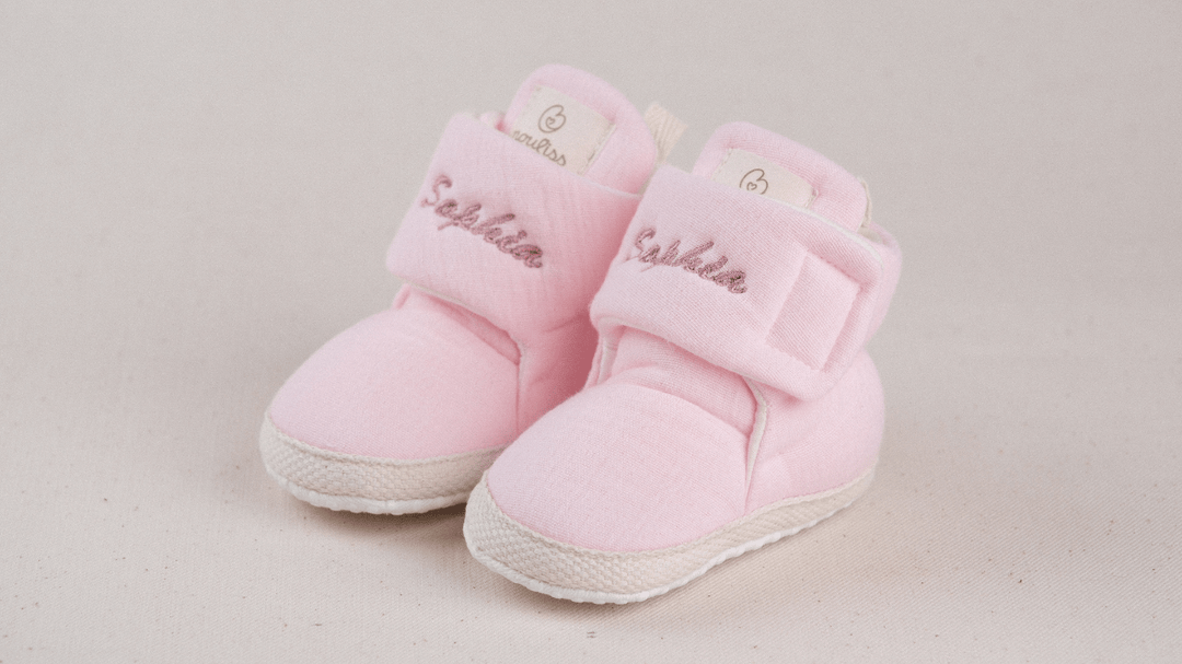 Mouliss Blush Pink muslin personalized baby booties — styling photo 2