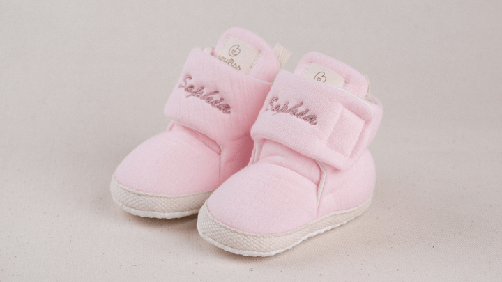 Mouliss Blush Pink muslin personalized baby booties — styling photo 2