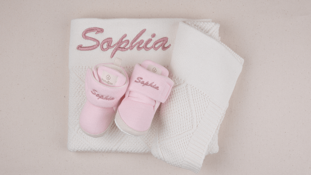 Mouliss Blush Pink muslin personalized baby booties — styling photo 4