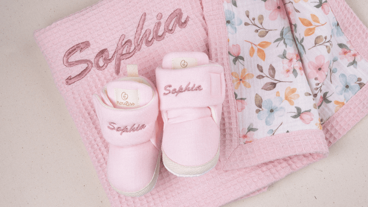 Mouliss Blush Pink muslin personalized baby booties — styling photo 5