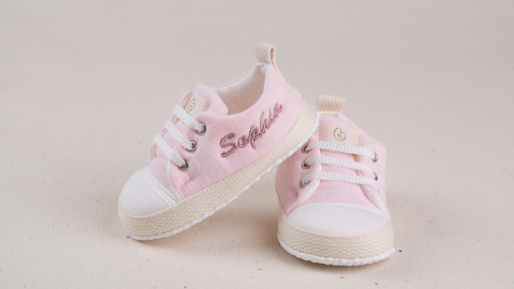 Mouliss Blush Pink muslin personalized baby shoes — styling photo 1