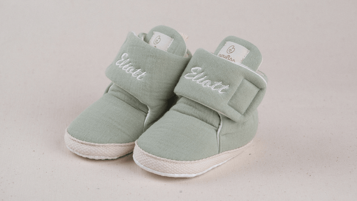 Mouliss Sage Green muslin personalized baby booties — styling photo 2
