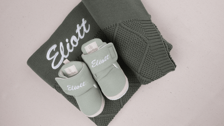 Mouliss Sage Green muslin personalized baby booties — styling photo 7