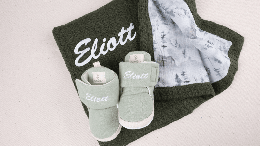 Mouliss Sage Green muslin personalized baby booties — styling photo 6