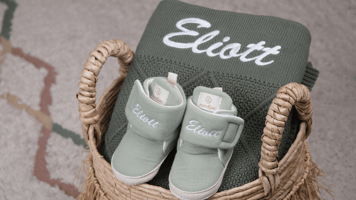 Mouliss Sage Green muslin personalized baby booties — styling photo 5