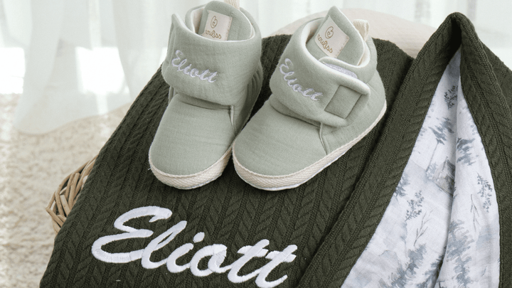 Mouliss Sage Green muslin personalized baby booties — styling photo 4