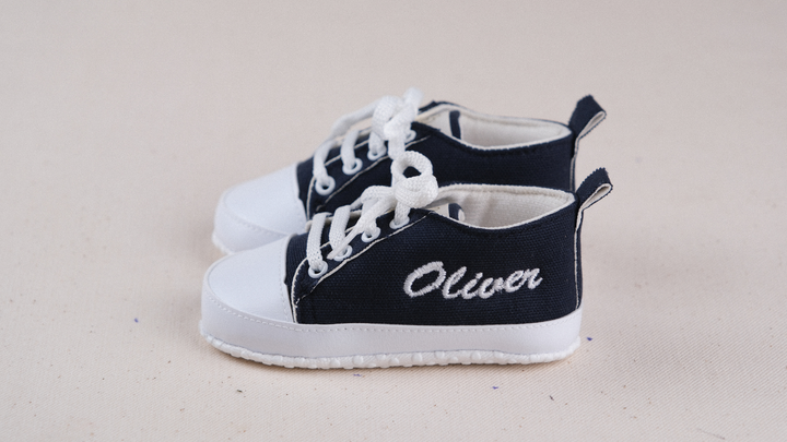 Mouliss Navy muslin personalized baby shoes — styling photo 2