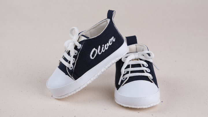 Mouliss Navy muslin personalized baby shoes — styling photo 1
