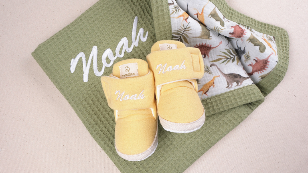 Mouliss Yellow muslin personalized baby booties — styling photo 4