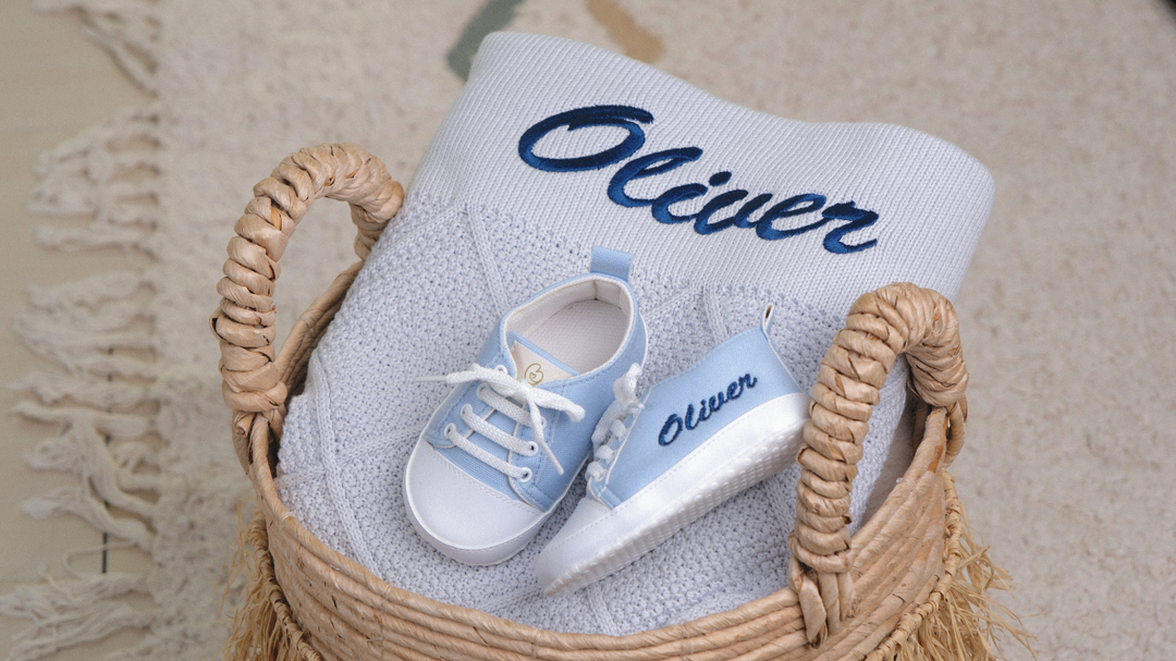 Mouliss Light Blue canvas personalized baby shoes — styling photo 4