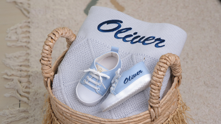 Mouliss Light Blue canvas personalized baby shoes — styling photo 4