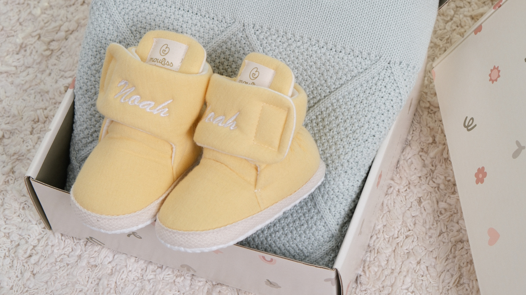 Mouliss Yellow muslin personalized baby booties — styling photo 5