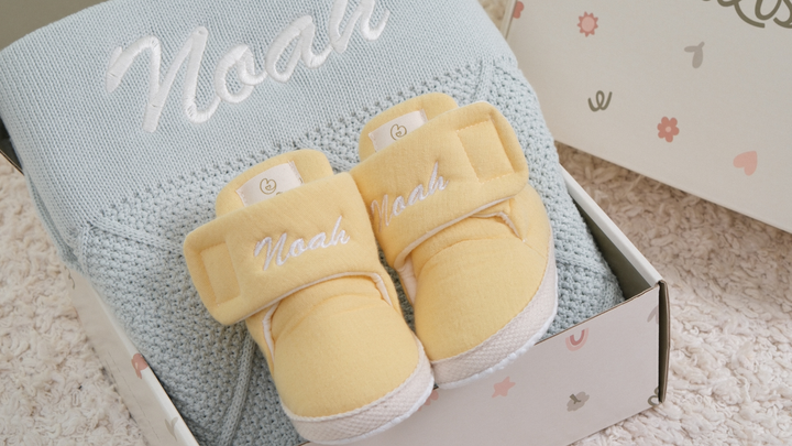 Mouliss Yellow muslin personalized baby booties — styling photo 6